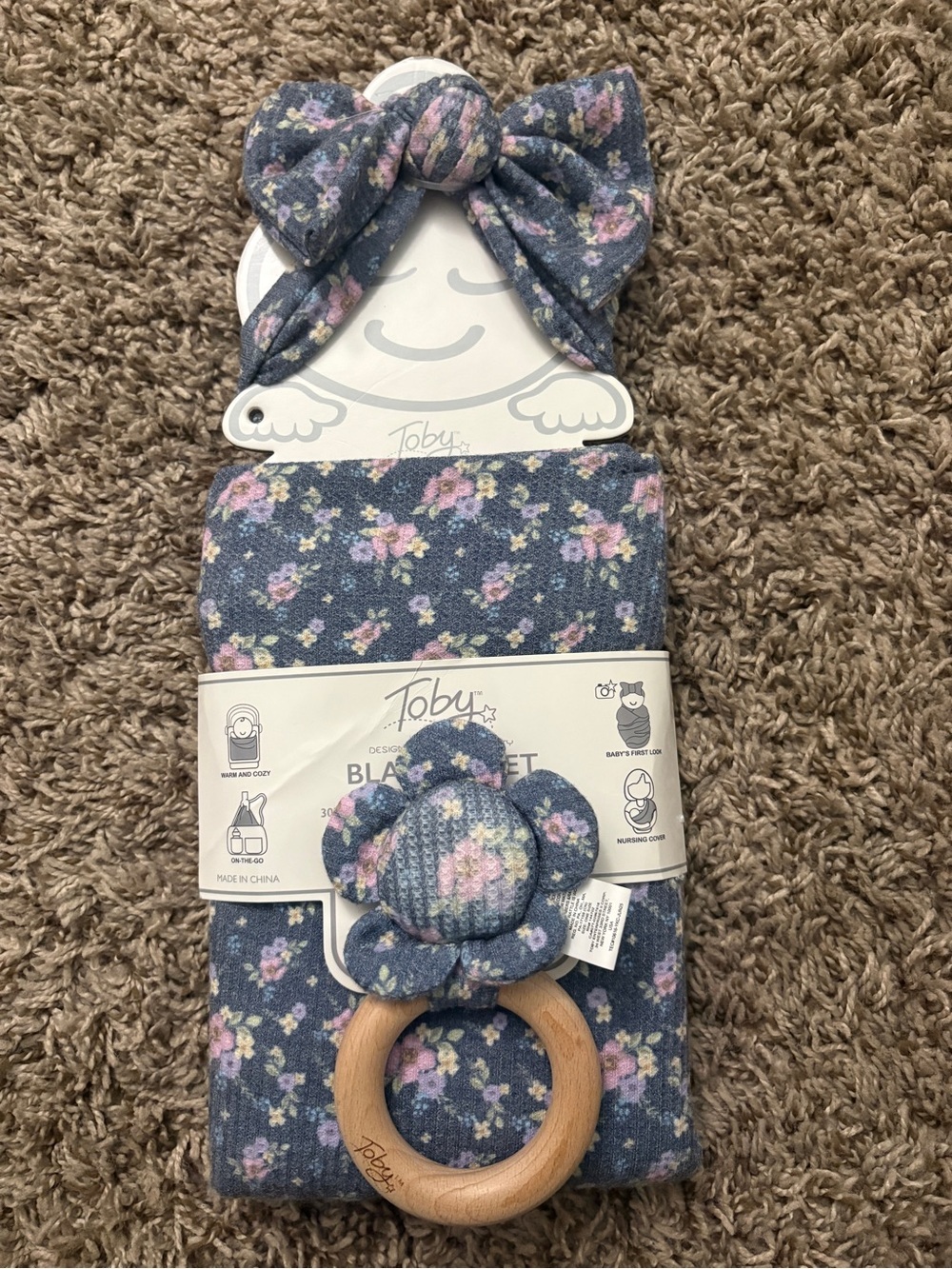 Toby Blue Floral Baby Blanket Set with Headband & Wooden Teether